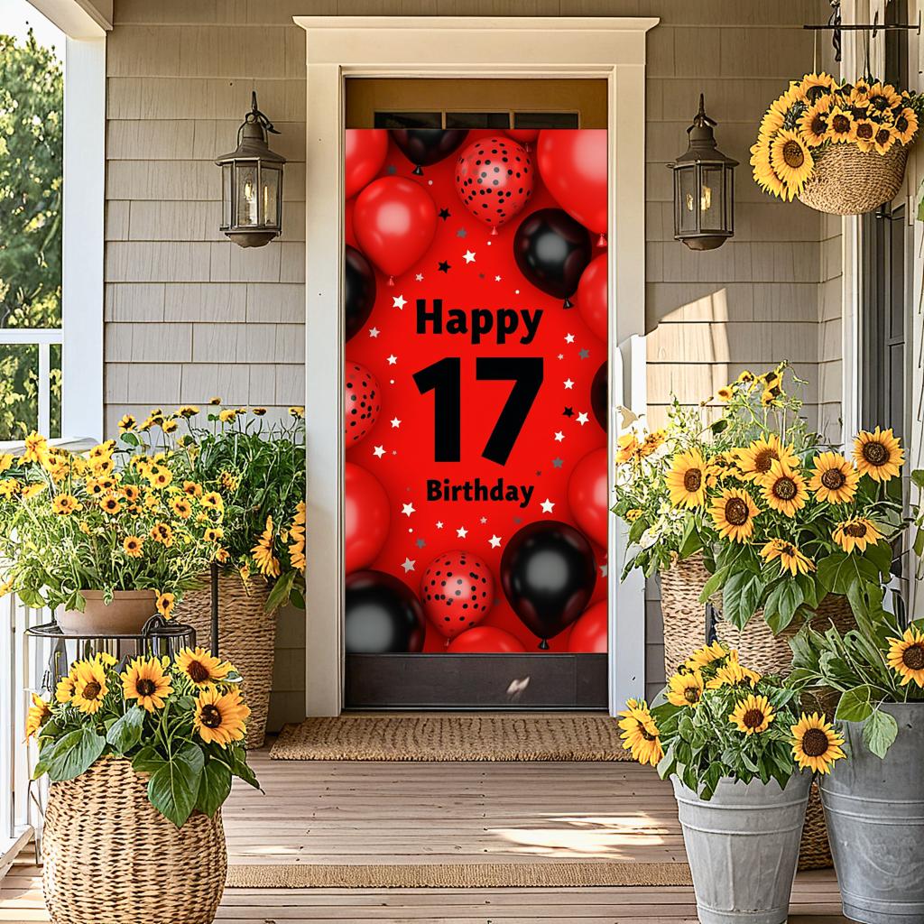17. Geburtstag Party Hintergrund Banner Rot und Schwarz Ballon Alles Gute zum Geburtstag Fotografie Hintergrund Requisiten Dekorationen Zubehör