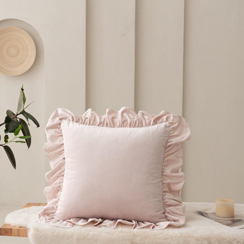 Solid Color Velvet Pillow Covers Minimalist Lace Trim Cushion Cases Elegant Ruffled Throw Pillowcase Plush Sofa Cushion Covers
