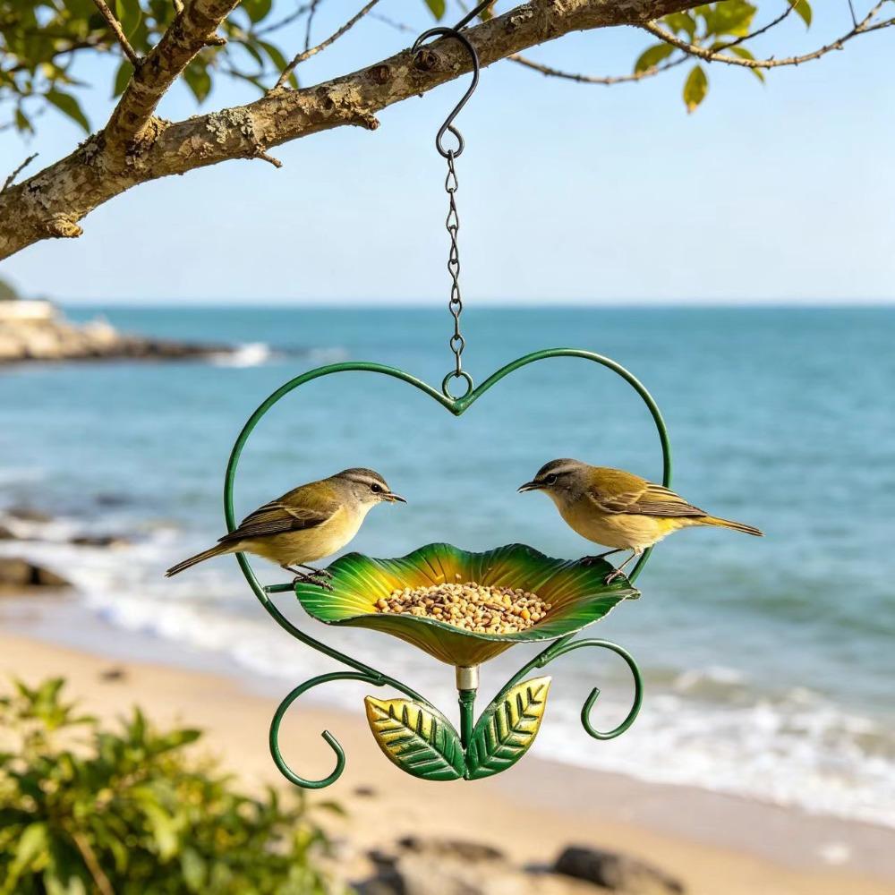 New Love Heart Design Hanging Bird Bath Flower-shaped Durable Iron Bird Feeder Device Large Capacity Bird Water Drinker Balcony