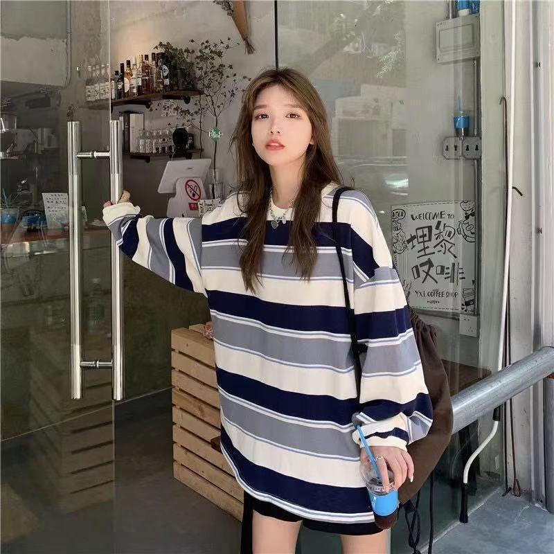 Shirt Women s Rainbow Striped Long Sleeve Top Autumn Korean Version Loose Bottom Shirt 2XL серый
