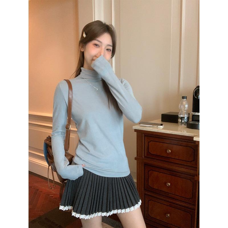 

Синяя бархатная утолщенная нижняя рубашка женская с длинными рукавами внутренняя полуводолазка осень и зима новый приталенный многослойный теплый топ S