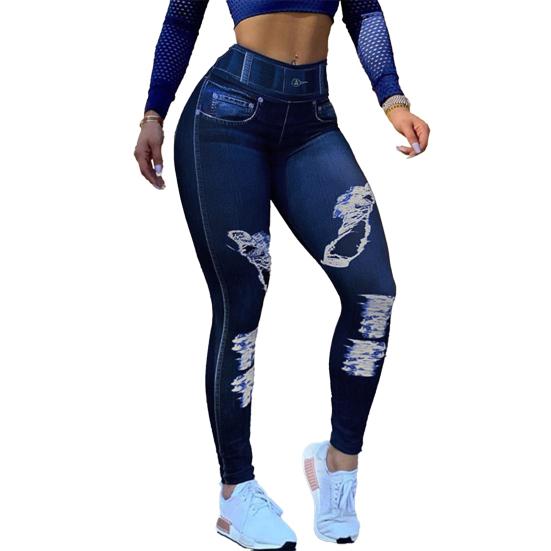 Women Pants High-Elastic Tight-Fit Fabric Imitation Jeans Leggings with Pockets Printing Ergonomic Tailoring Yoga Pants