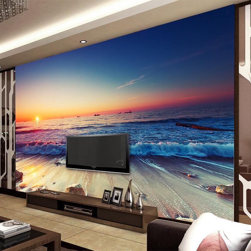 Romantisk Seaside Beach Tapet Solnedgång Landskap 3D Stereo Väggmålning Vardagsrum Matsal Bakgrund Väggmålningar Heminredning