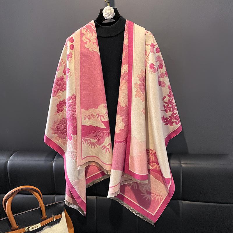 Retro Floral Chinese-Style Imitation Cashmere Shawl for Women - Cozy Winter Office Blanket & Elegant Air-Conditioned Room Scarf for Mothers