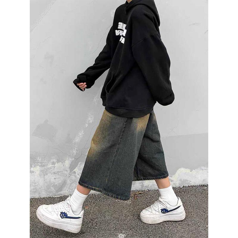 Unisex Retro Washed Wide-Leg Cropped Jeans Shorts