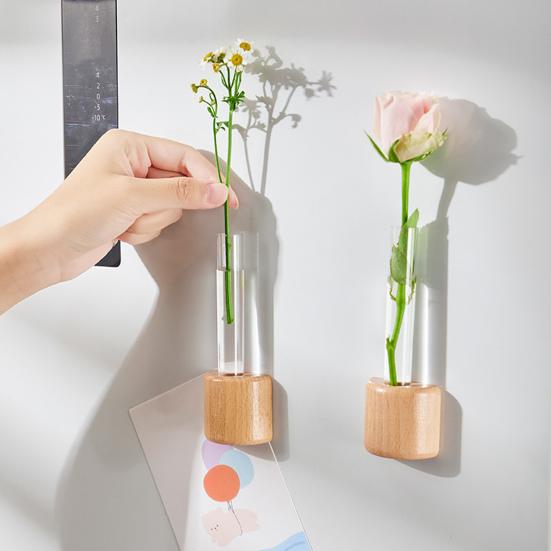 Fridge Magnet Vase Clear Glass Tube Vase with Wooden Base Magnetic Mini Vase for Flowers Herbs Refrigerator Kitchen Decor