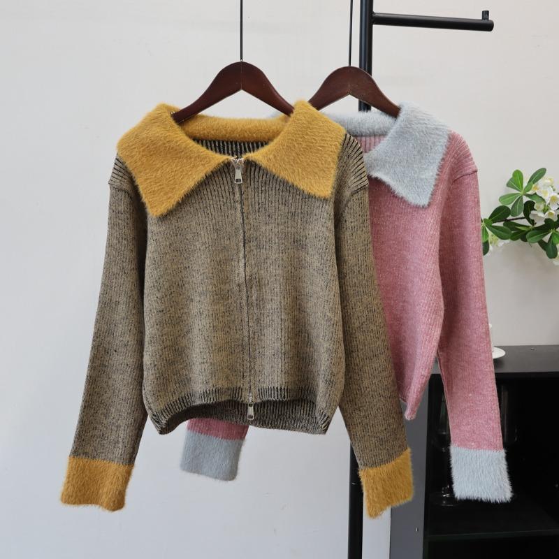 Autumn and Winter New Splicing Imitation Mink Velvet Knitted Cardigan Zipper Short Design Soft Waxy Sweater Jacket Women