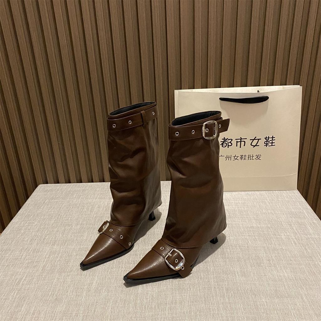 French Retro Pointed Belt Buckle Thin Heel Medium Boots Women's 2025 Autumn and Winter New Temperament Versatile High Heel Trouser Boots