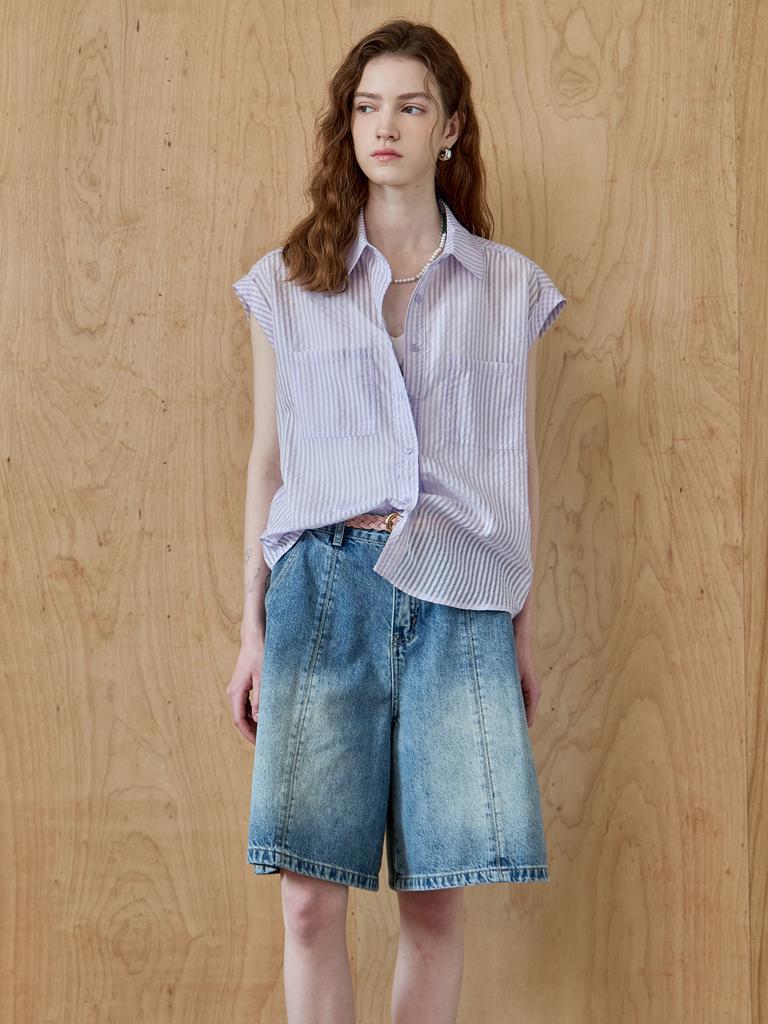 MAXZA Seersucker Striped Cap Sleeve Shirt Blouse