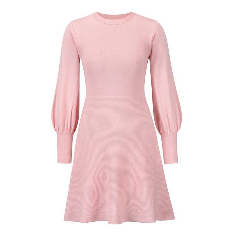 Autumn Winter Solid Color Short Knitted Dress Women Casual O-neck Full Sleeve Slim Sheath High Waist Black Blue Pink Red S-XXL