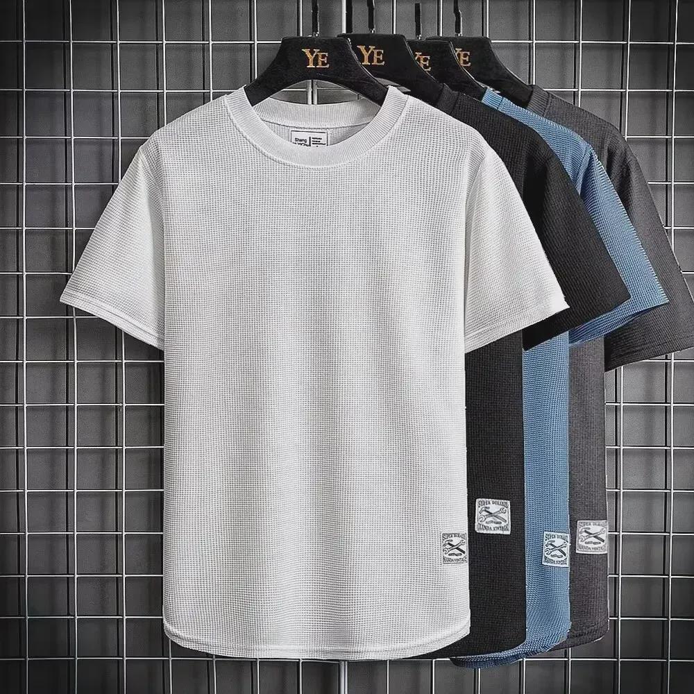 Camiseta de Manga Corta Holgada para Hombre de Seda de Hielo Waffle Pesado - Cuello Redondo Color Sólido