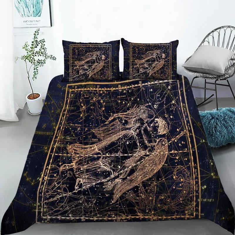 Sternbild Bettbezug Gelbes Sternbild King-Size-Bettwäscheset für Astronomie-Enthusiasten Weicher Einzel-Polyester-Bettdeckenbezug
