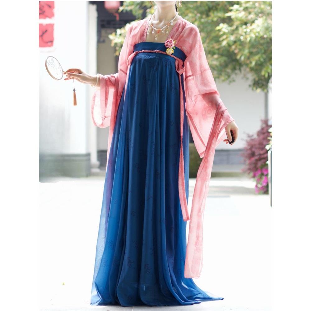 Chinesischer Tang-Dynastie Stil Tägliche Dopamin Chinesisches Kostüm Outfits Retro Einteiler Langes Rock Anzug für Damen