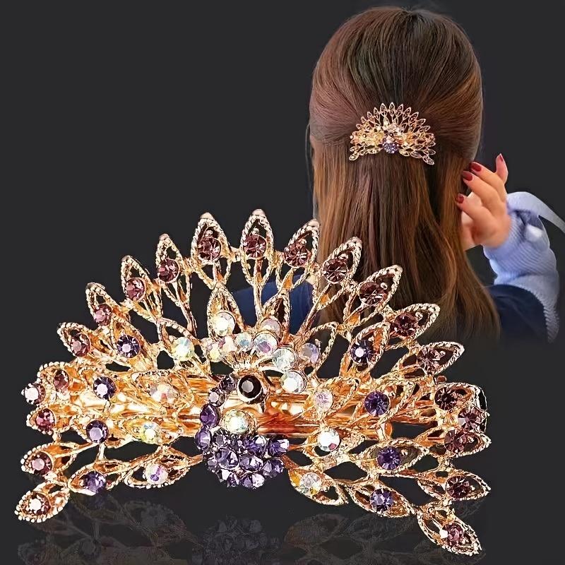 

Colorful Elegant Peacock Hair Clip Large Korean Style Alloy with Gemstones, Spring Loaded Ponytail Accessory, Chic & Simple Circular Design for Styli фіолетовий