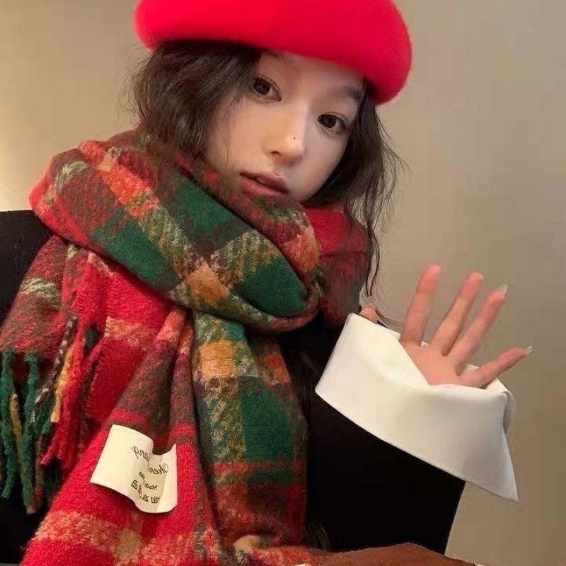 New Christmas red scarf women's winter high-end plaid imitation cashmere shawl atmosphere versatile scarf