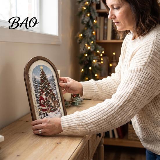 Indoor Christmas Ornament Set Vintage Arched Wooden Photo Frame with Illustration, Retro Distressed Wall Art for Holiday Tabletop Desktop And