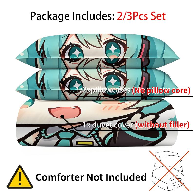 Hatsune Miku Chibi Style Duvet Cover Set Cute Anime Bedding with Pillowcases Gaming Room Teens Kids Bedroom Decor Gift for Fans