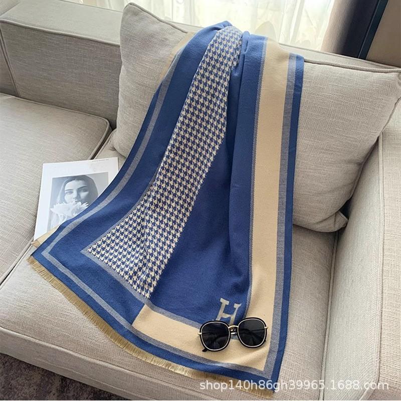 Premium Double-Sided Jacquard Houndstooth Scarf Wrap Women Winter Fall Warm Cotton Blend Shawl 185x70cm