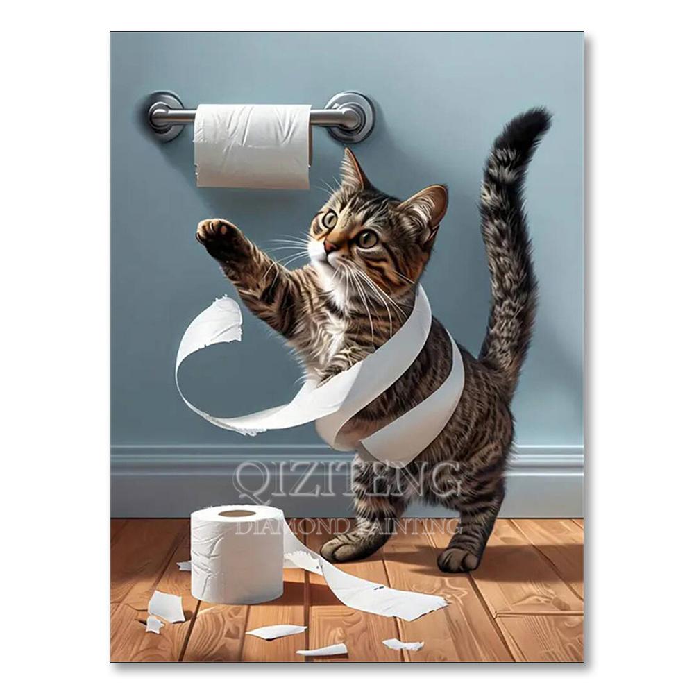 Dog Diamond Painting Cat Toilet Cartoon Diamond Mosaic Animal Full Round_Square Drill Embroidery Funny Bathroom Wall Decor Art