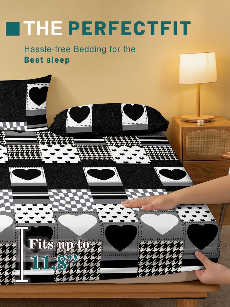 1 Simple Modern Heart-Shaped Geometry Printed Matte Fitted Sheet, Bedroom Printed Bed Cover, Bedding (Excluding Pillowcases)
