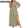 IHUASU L-5XL Women's Fashion Summer Spring Short Sleeve V-Neck Casual Dresses
