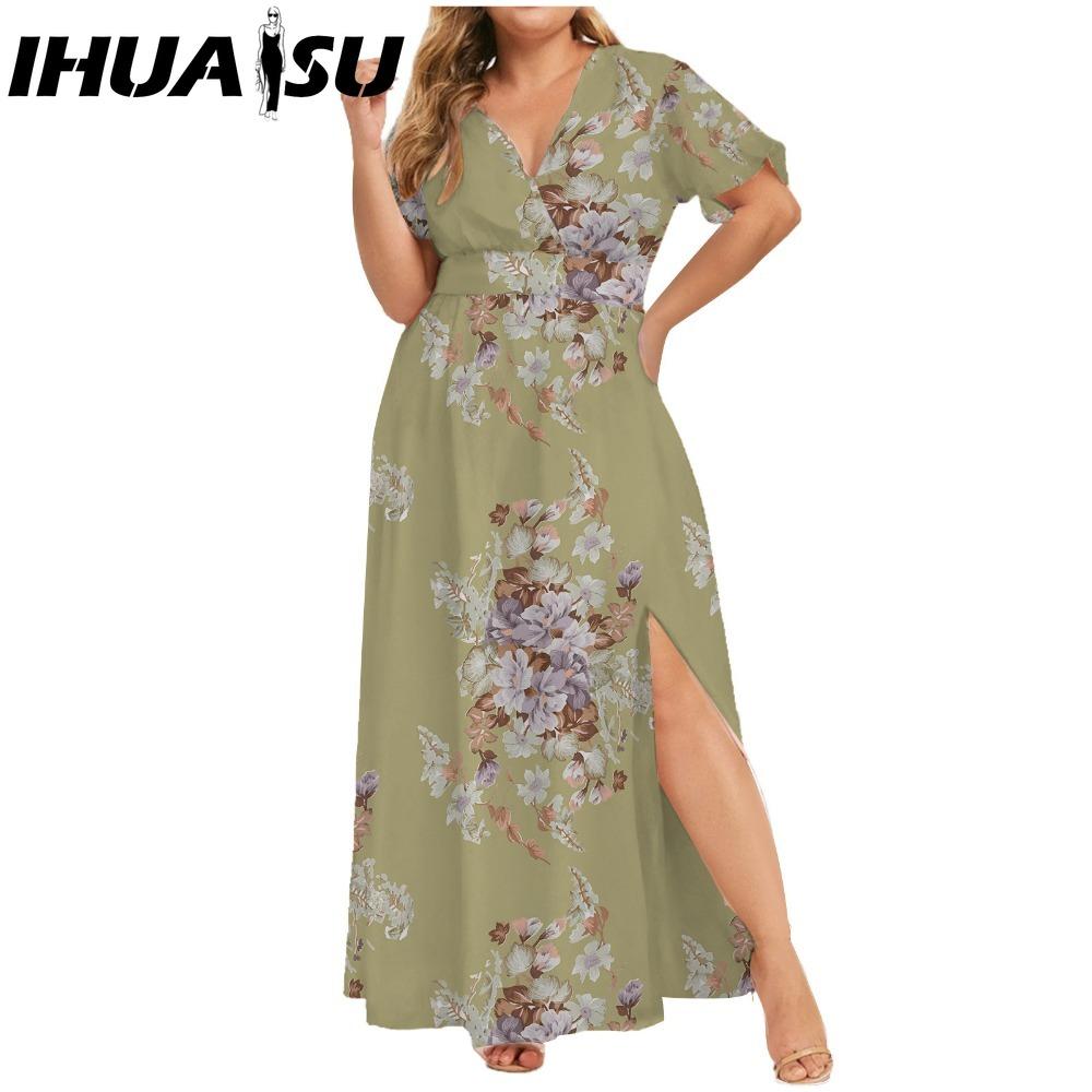 IHUASU L-5XL Women's Fashion Summer Spring Short Sleeve V-Neck Casual Dresses