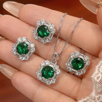 New Jewelry Set, Stud Earrings, Necklace, Ring, Colorful Treasure Green Fashion Light Luxury Retro Women's Jewelry.