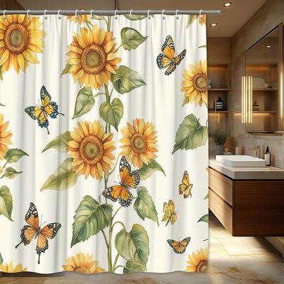 1pc Bright Sunflower and Butterfly Shower Curtain - Polyester Fabric, Machine Washable, Suitable for Bathroom Decoration