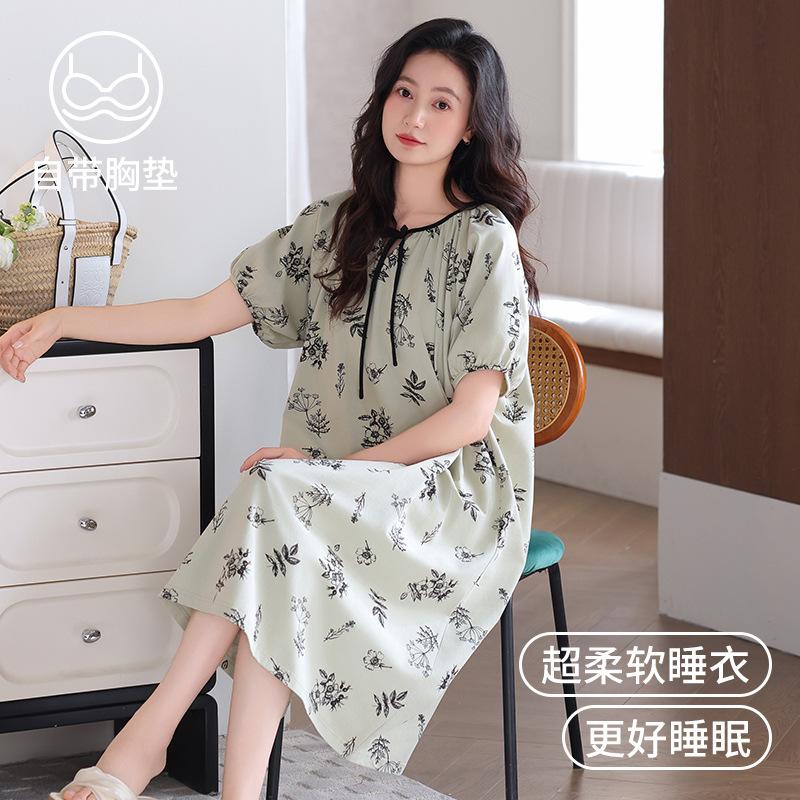 nightdress with chest pad women's summer pure cotton short-sleeved thin 1011 new summer pregnant women's advanced purple pajama skirt