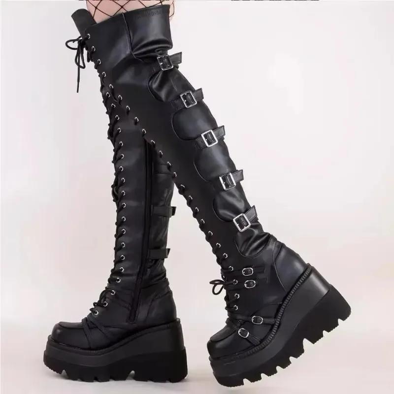 Gothic Overknee Stiefel Damen Plateau Wedges Motorradstiefel Overknee Army Stripper Heels Punk Schnürgürtel Schnalle Lang