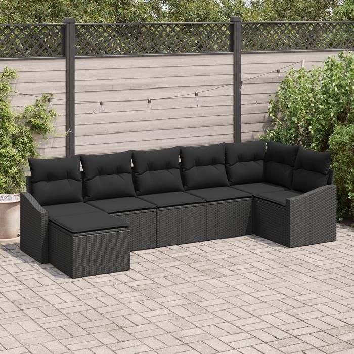 VidaXL Ensemble de Canapés de Jardin 7 Pièces avec Coussins Noir Rattan Poly 3346813