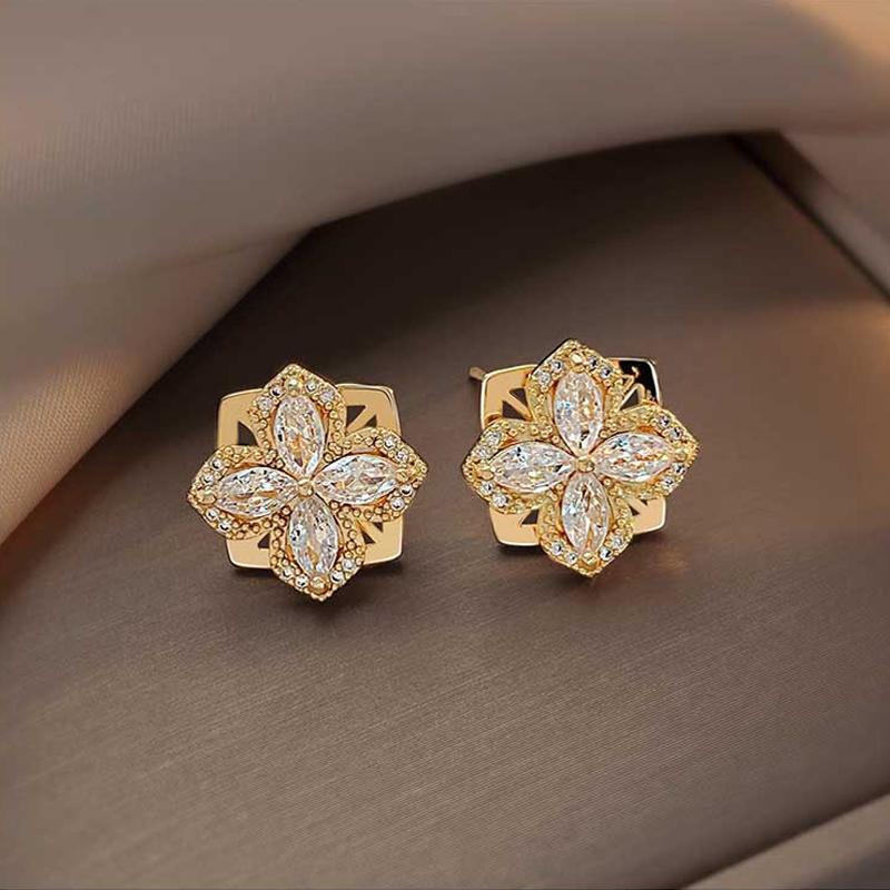 Cercei de lux rotativi cu morișcă, cu floare de zirconiu, pentru femei, cercei stud cu trifoi cu patru foi, bijuterii elegante de modă feminină