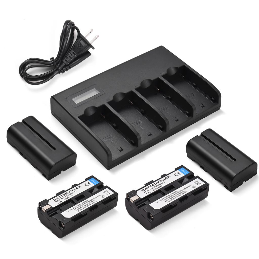 NP-F550-Akkuladegerät, 4-fach-Ladegerät mit LED-Anzeigen, 4 Stück NP-F550-Akkus, 7,4 V, 2200 mAh
