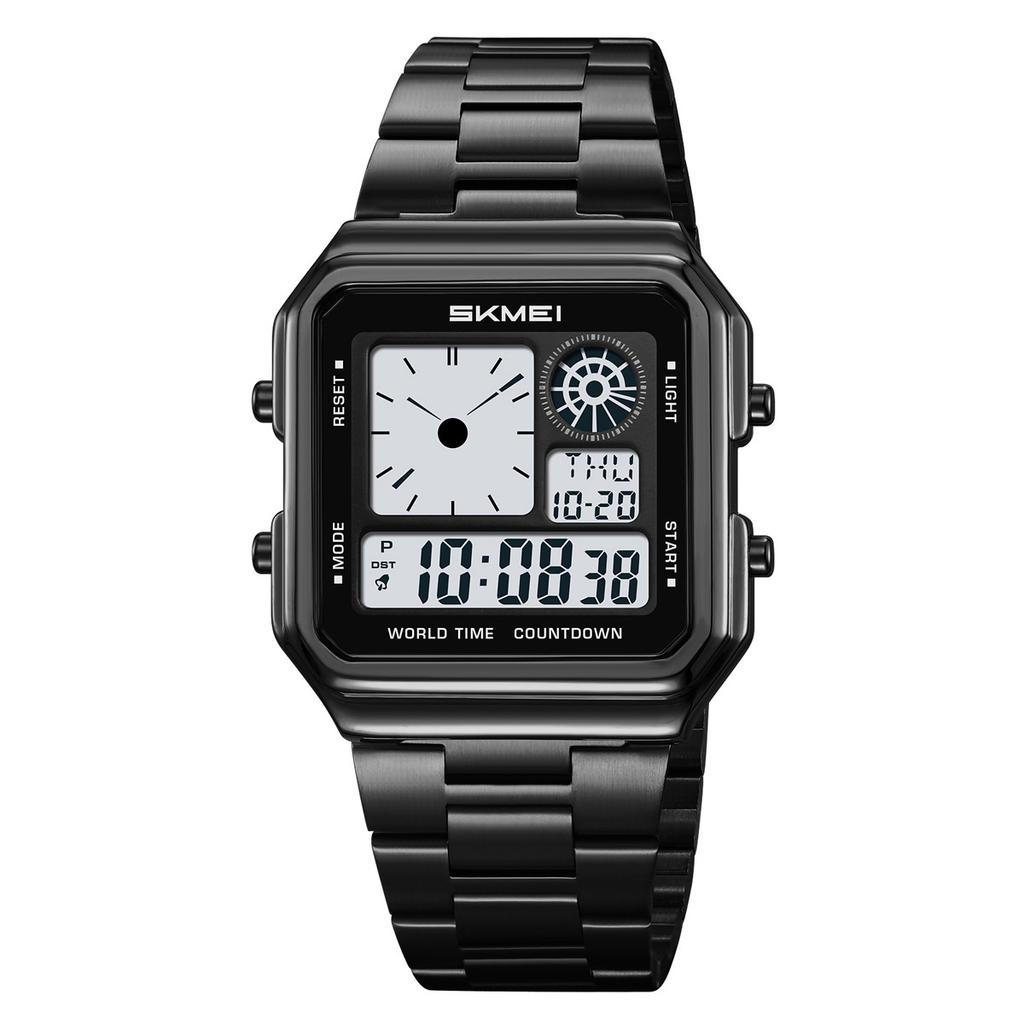 Square men's watch steel belt multi-functional 30-meter waterproof electronic watch 5 groups alarm clock electronic watch men