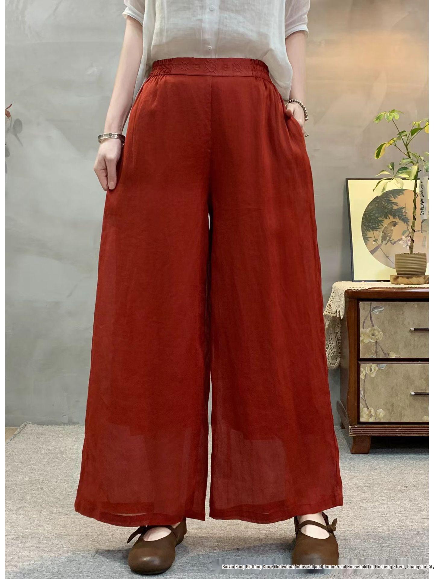 

2026 Spring/Summer Women s Embroidered Linen Wide-Leg Pants with Elastic Waist - Retro, Solid Color, Double-Layer, Long and Casual. One Size