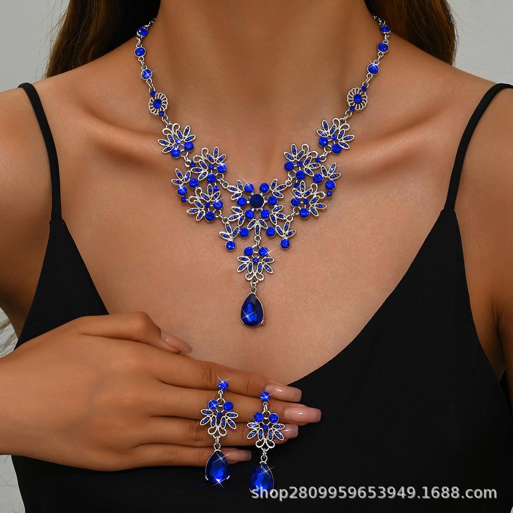 Factory Supply Alloy Jewelry Set Accessories Flower Water Drop Shaped Royal Blue Clavicle Necklace Earrings