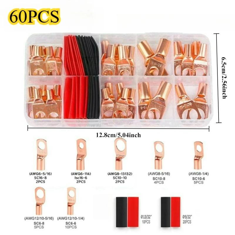 60/100/220pcs Copper Terminal Connectors, AWG 4 6 8 10 12 Ring Lug Kit With Shrink Tubing 50 Battery Cable Lugs With Shrink