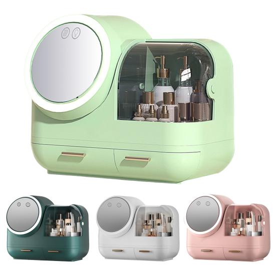 Dustproof Makeup Storage Box with LED Mirror Large Capacity Multiple Compartments Countertop Makeup Storage Organizer
