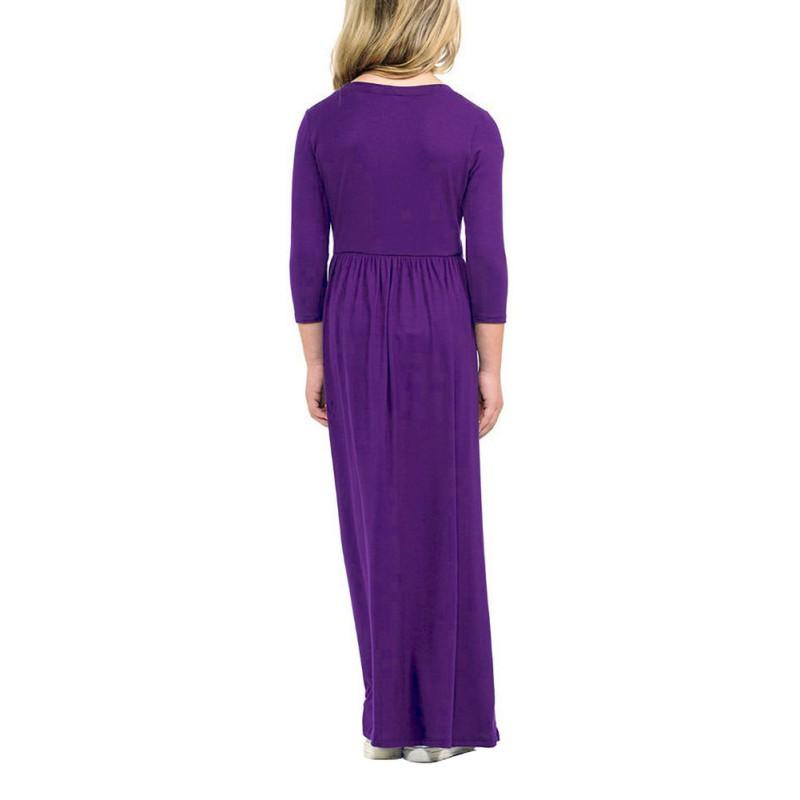 Girls Solid Color Round Neck Long Sleeved Dresses Large Hem Child Long Section Long Dress