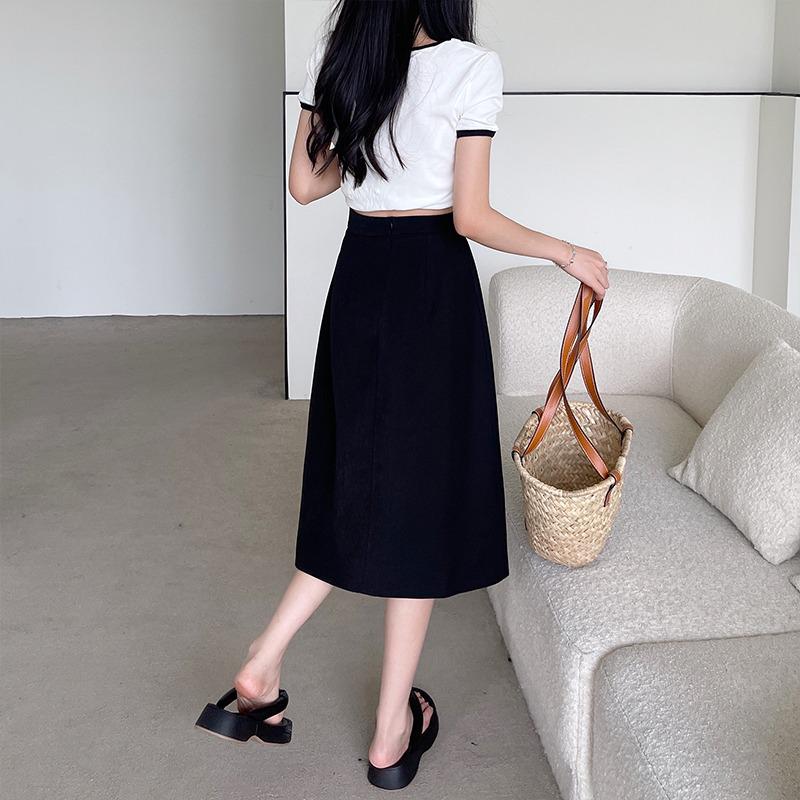 Women's Plus Size Black A-line Midi Skirt - High Waist, Slit, Slimming, Summer Fashion