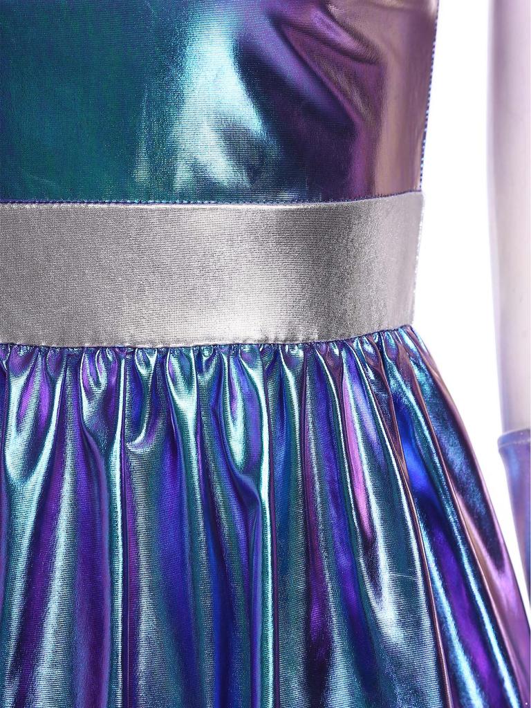 S-3XL Dames Buitenaards Cosplay Kostuum Metaalachtig Glanzende Jurk, Uitgesneden Hals & Gestructureerde Schouderstukken met Handschoenen voor Ruimte Themafeest