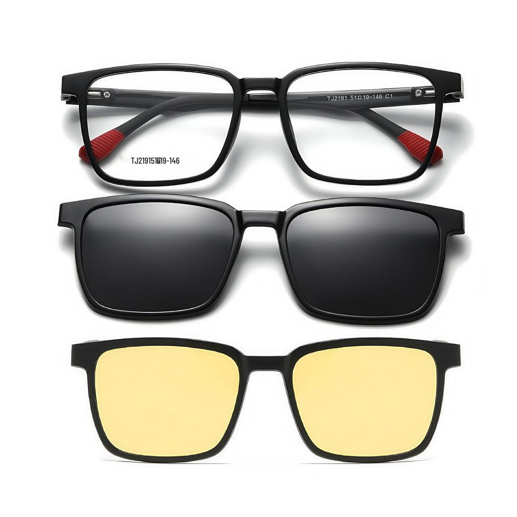 2191 Polariserade Nattseende Clip-on Glasögon för Män & Kvinnor - Magnetiska, Fyrkantig Ram, Myopi-Kompatibla Solglasögon