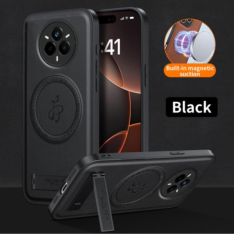 Luxury Magnetic Stand Holder PU Leather Phone Case For Magsafe Realme 14 Pro Plus Wireless Charging Logo Cover