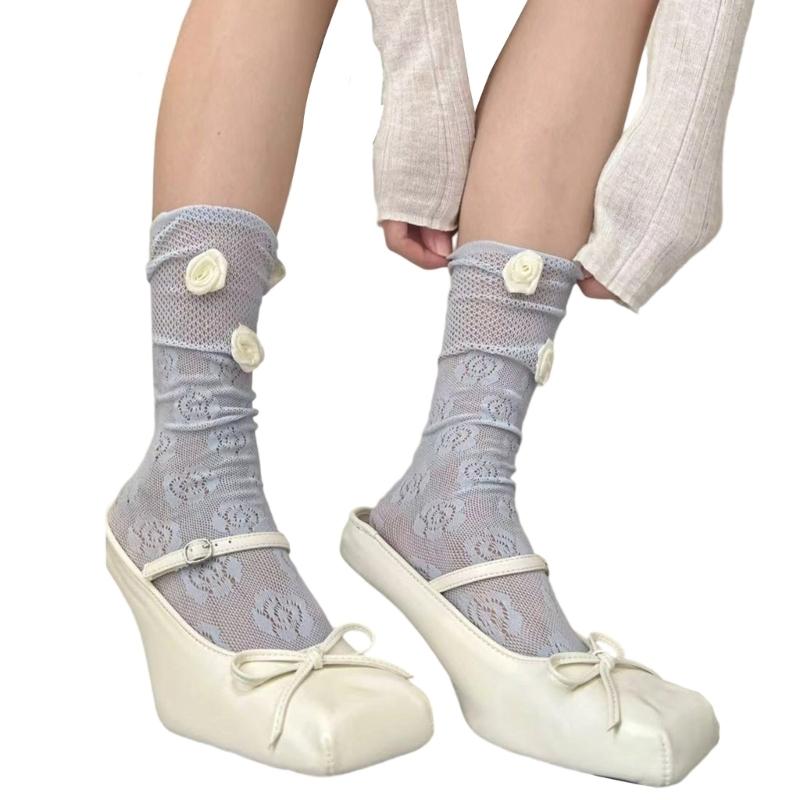 Womens Floral Lace Pattern Crew Socks Soft Nylon Blend Colorful 3D Rose Flower Mesh Fishnet Middle Calf Socks Daily Wear
