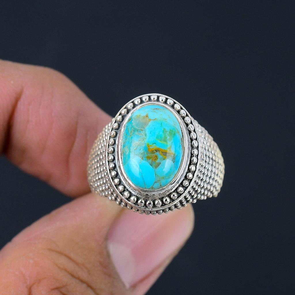 10X14 Mm Natural Blue Turquoise Gemstone 925 Sterling Silver Oval Shape Handmade Ring For Women & Girls