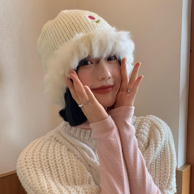 

Tulip Rabbit Hair Fisherman Hat Women s Autumn and Winter Korean Style Warm Big Head Knitted Beanie White Plush Hat Trendy M（56-58cm）
