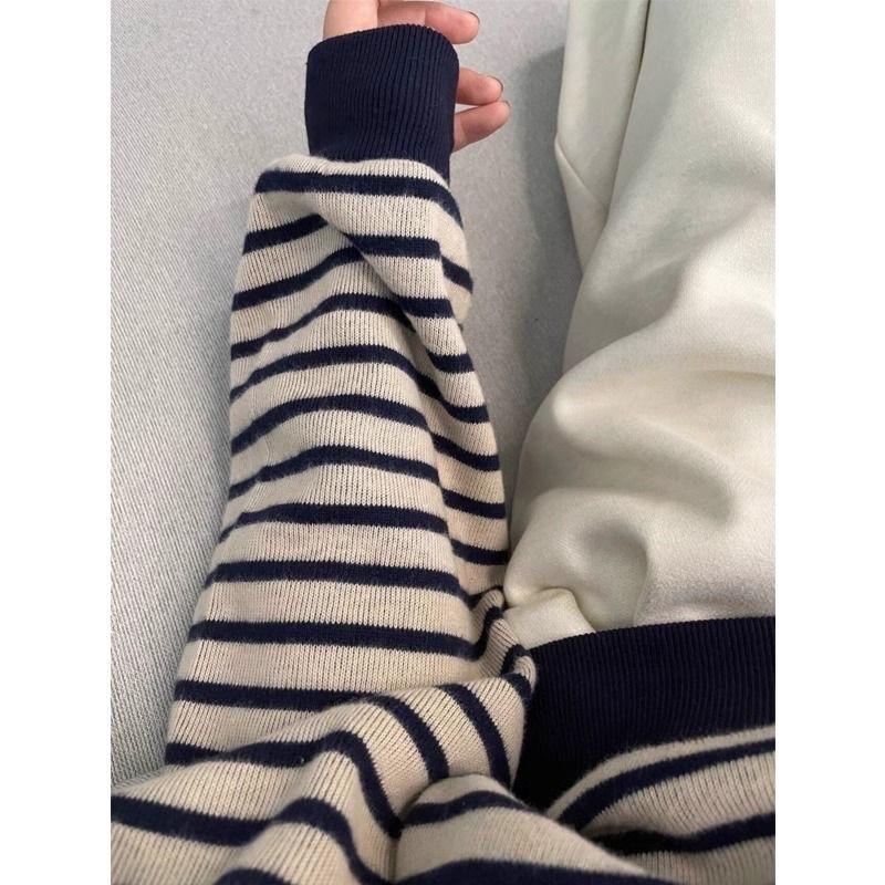 Striped crew neck sweater women's spring and autumn new American retro hatless casual loose lazy long-sleeved top