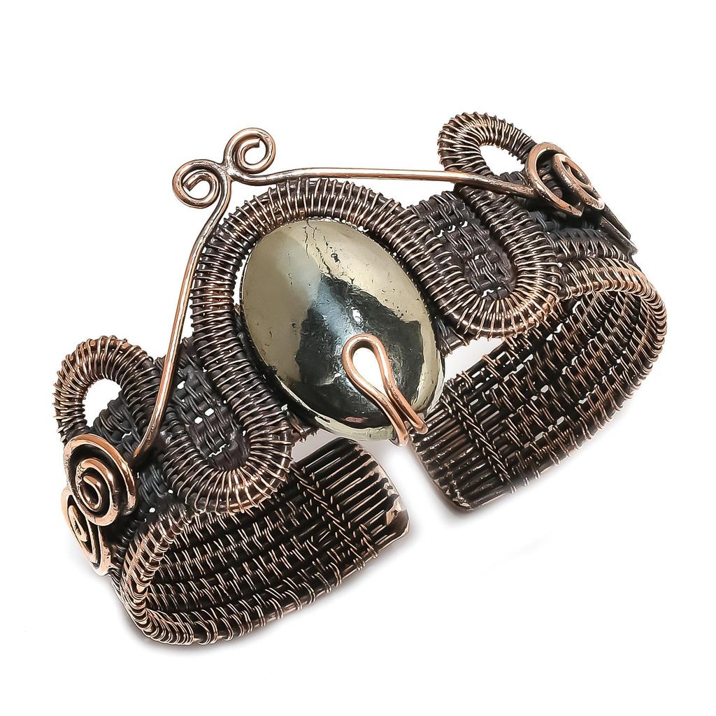 Golden Apache Pyrite Bangle, 999 Copper Wire Wrapped Jewelry, Gemstone Bangle Gift For Her Handmade Dainty Cuff Jewelry