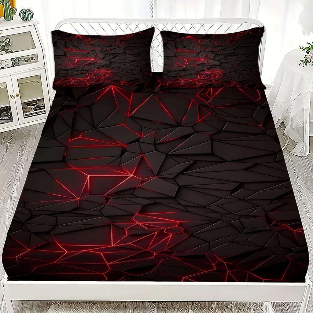 3pcs Fitted Sheet Set Visual Geometry Dizziness Print 100% Polyester Breathable Bedding Set for Home Decor with 2 Pillowcases