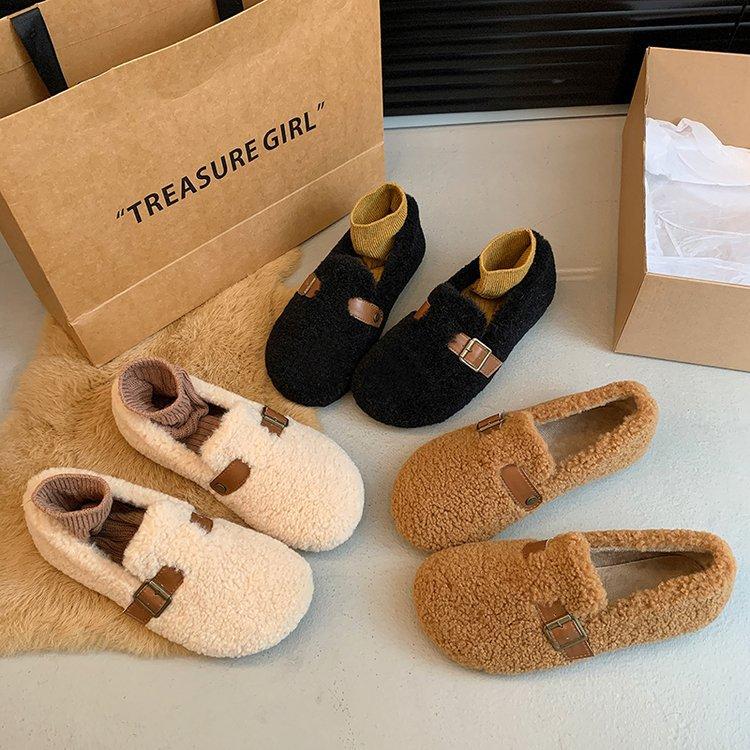 Fashion Spring Fall One Foot Stirrup Soft Bottom Furry Shoes Women Winter Outer Wear Korean Gentle Fairy Wind Soybean Shoes Padded Cotton Shoes